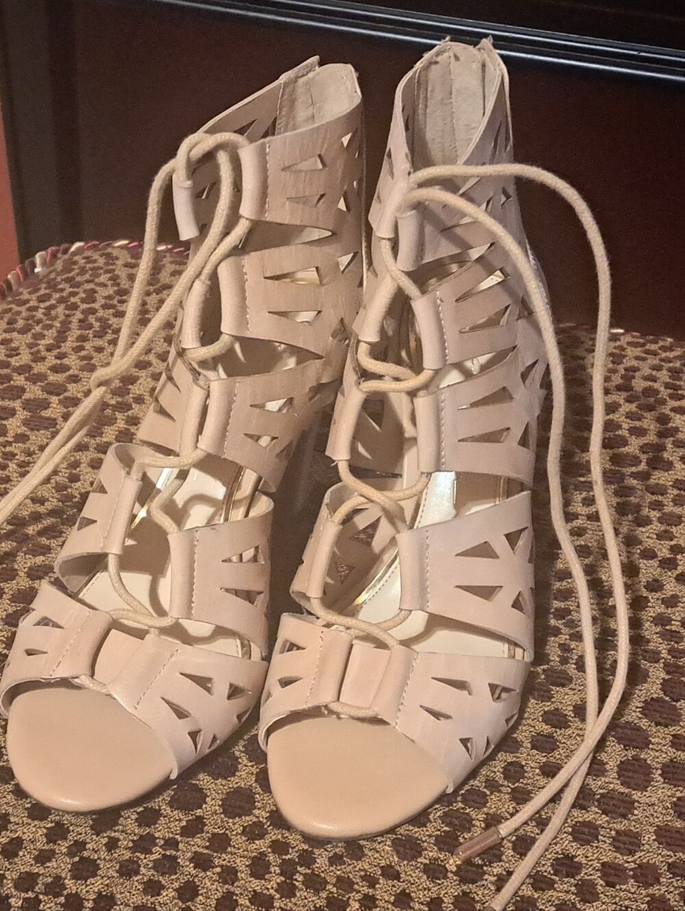 Jessica Simpson Cutout Lace-Up Peep Toe Heels - Beige